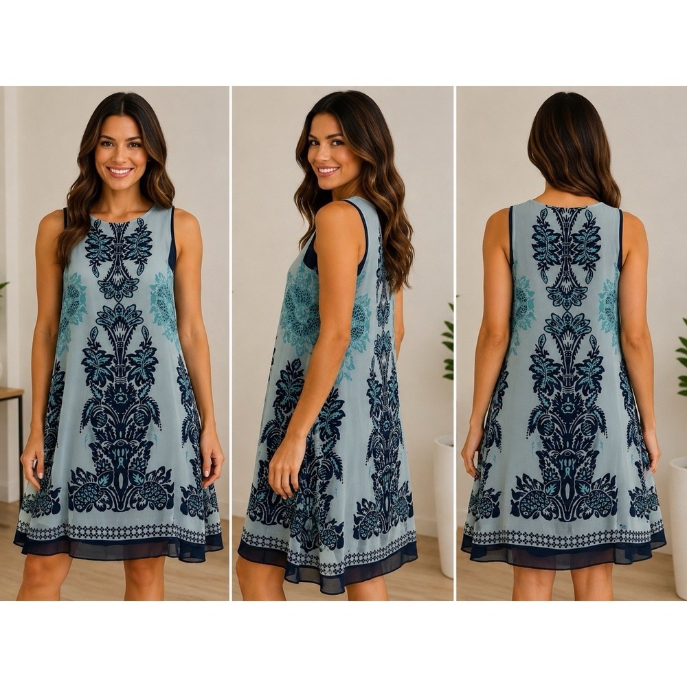 Maxx Studio Women's Sleeveless Sz Small Boho Tunic Dress Blue Navy Floral Sheer